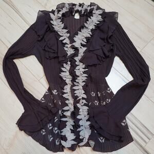 Michael K Dark Brown Sheer Pleated Ruffle Leaf Appliqué Blouse Y2K Romantic M